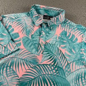 Sunday Swagger Polo Shirt Mens L Pink Teal Tropical Palm Print Short Sleeve